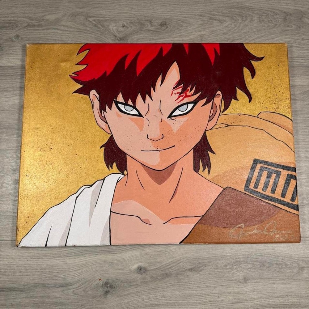 Gaara Naruto Hand Painted Anime Canvas Art Gold Background Signed